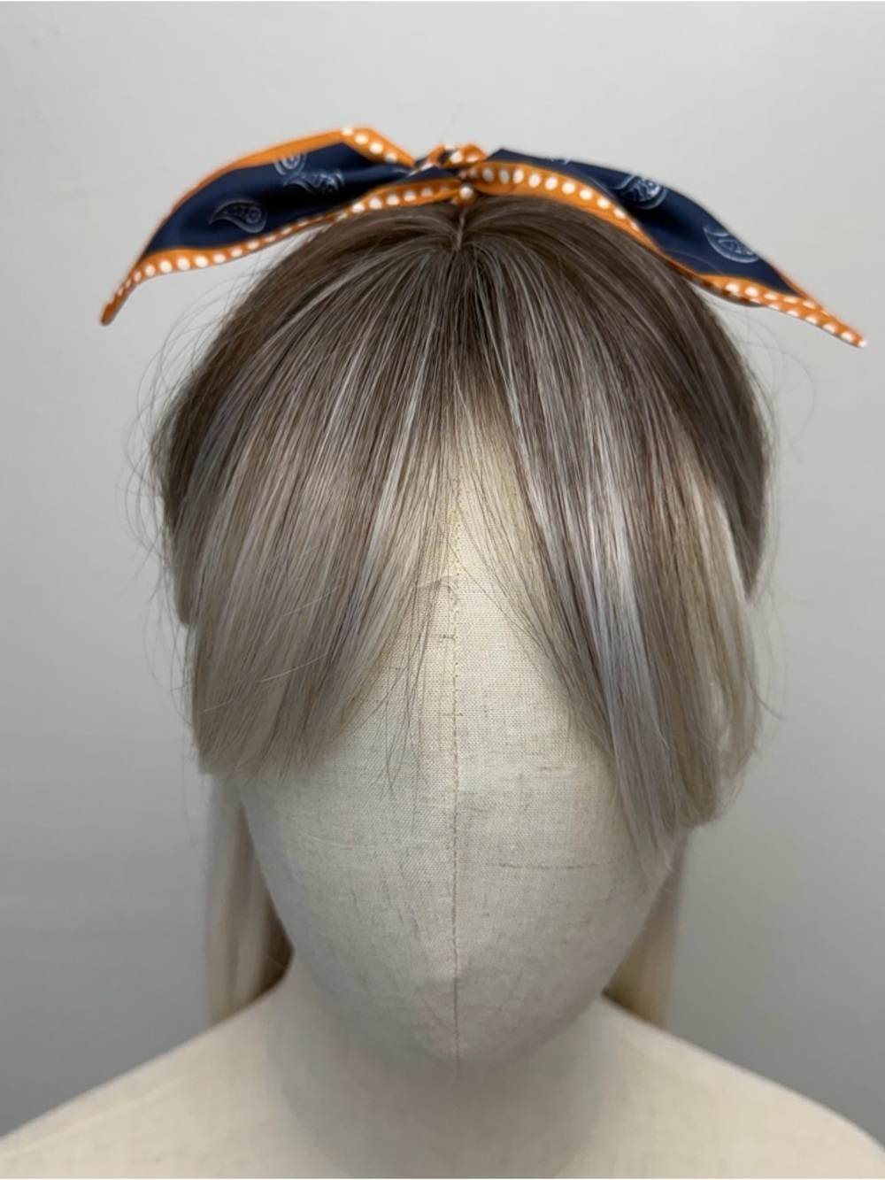 Navy Blue Paisley Skinny Scarf Orange Trim Hair Tie Twilly Neck Scarf - Picture 3 of 6
